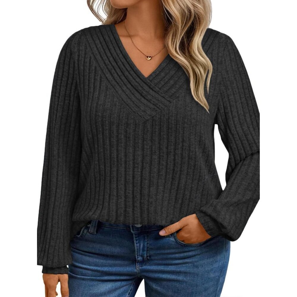 Plus Size Womens Sweaters V Neck Long Sleeve Lightweight Knit Casual Tops